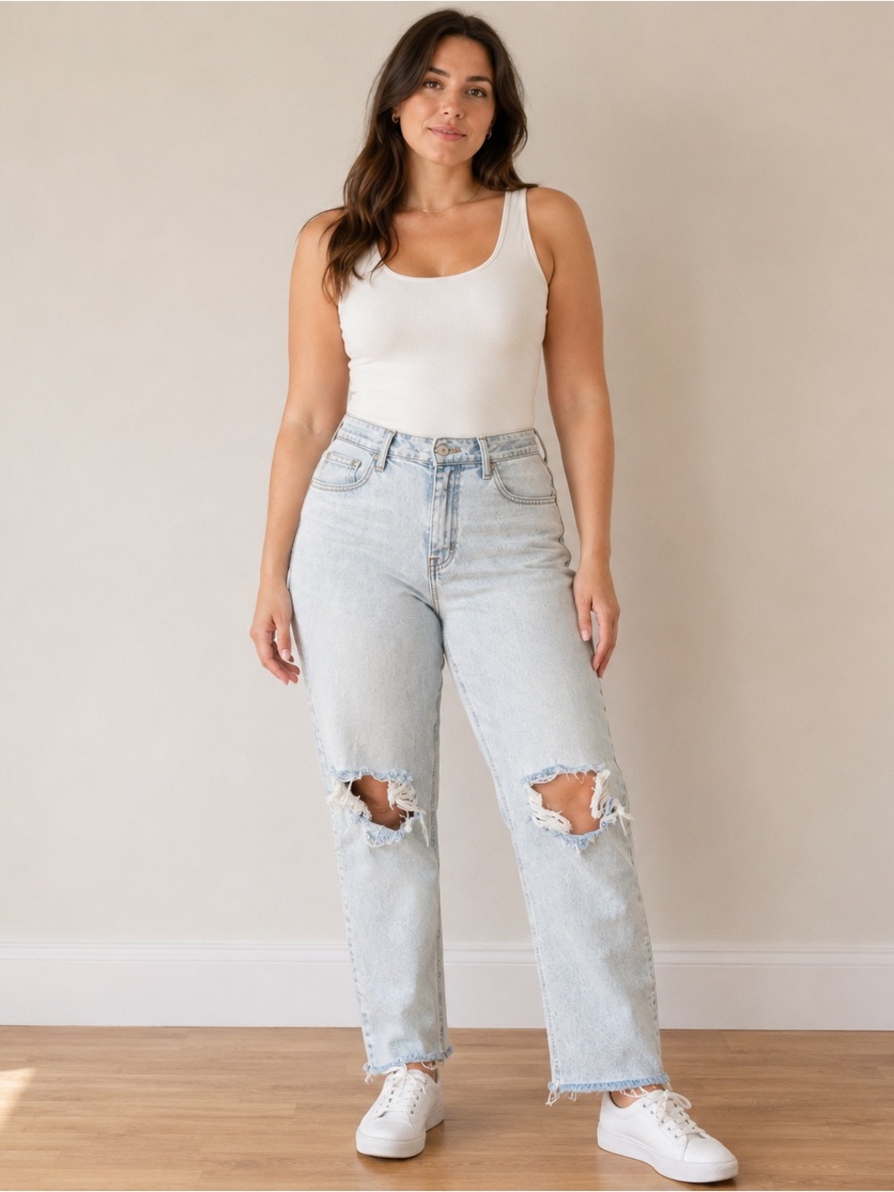 Warp + Weft Akula 10/30 High Rise Distressed Dad Jeans Light Wash Raw Hem